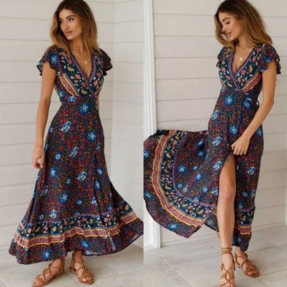 BOHO Chic FLORAL Print WRAP dress - Picture 5 of 8